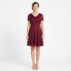 Bridesmay Womens Burgundy Floral‎ Lace A-Line V-Neck Short Sleeve Dress Size XL